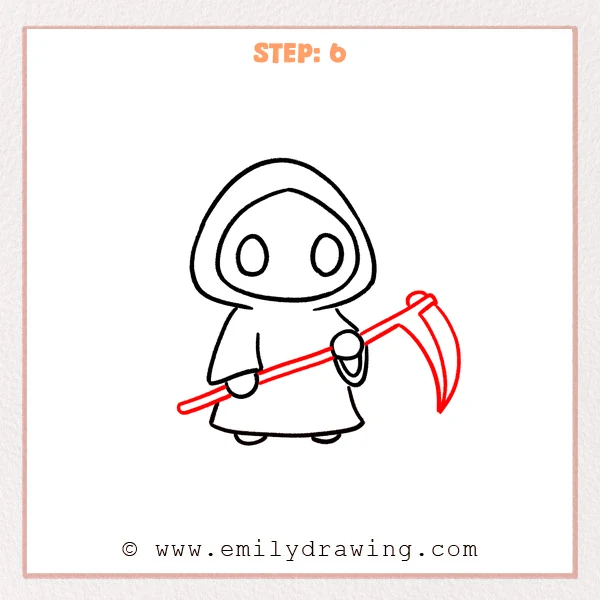 how to draw a cartoon grim reaper - A diagonal scythe crosses the cartoon grim reaper’s body, with a large curved blade on the right.